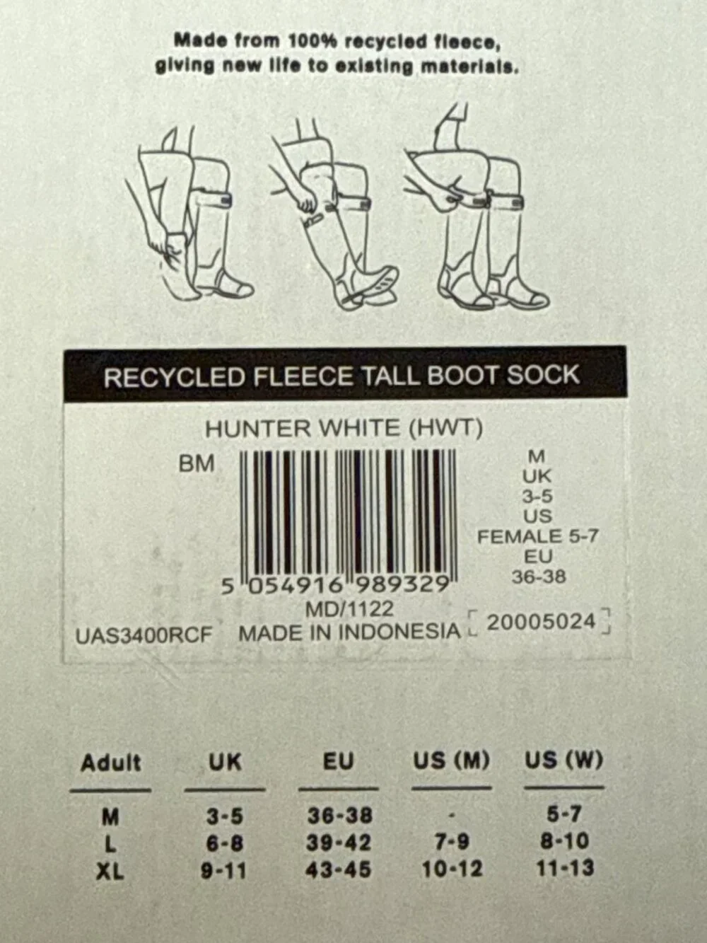 Hunter Original Tall Boot White Socks Size Medium New in Box